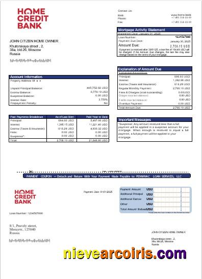 Russia Home Credit bank mortgage statement